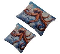 2 trousse tascabili per cosmetici, motivo: polpo sull'oceano rosso sul cielo, a chiusura automatica, senza cerniera, piccola borsa per il trucco per riporre cosmetici, cuffie, gioielli, Multicolore,