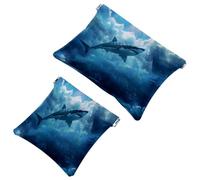 2 trousse tascabili per cosmetici, motivo squalo, cielo e mosca, con chiusura automatica, senza cerniera, piccola borsa per il trucco, per riporre cosmetici, cuffie, gioielli, Multicolore,