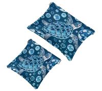 2 trousse tascabili per cosmetici, motivo tartaruga blu con bolle, a chiusura automatica, senza cerniera, piccola borsa per il trucco per riporre cosmetici, cuffie, gioielli, Multicolore,