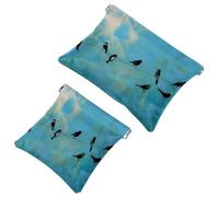 2 trousse tascabili per cosmetici, motivo uccellini blu cielo con chiusura automatica, senza cerniera, piccola borsa per il trucco da viaggio, per cosmetici, cuffie, gioielli organizer, Multicolore,