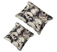 2 trousse tascabili per cosmetici, motivo vintage con teschi e dollari, a chiusura automatica, senza cerniera, piccola borsa per il trucco per riporre cosmetici, cuffie, gioielli, Multicolore,