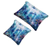 2 trousse tascabili per cosmetici, motivo: vita marina, oceano, mondo marino, con chiusura automatica, senza cerniera, piccola borsa per il trucco per riporre cosmetici, cuffie, gioielli, Multicolore,
