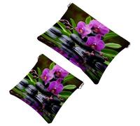 2 trousse tascabili per cosmetici, orchidee zen, con pietre di basalto, a chiusura automatica, senza cerniera, piccola borsa per il trucco, per riporre cosmetici, cuffie, gioielli, Multicolore,