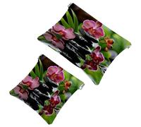 2 trousse tascabili per cosmetici, pietre di basalto zen e orchidee a chiusura automatica, senza cerniera, piccola borsa per il trucco per riporre cosmetici, cuffie, gioielli, Multicolore,