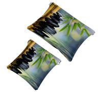 2 trousse tascabili per cosmetici, pietre zen e bambù, con chiusura automatica, senza cerniera, piccola borsa per il trucco per riporre cosmetici, cuffie, gioielli, Multicolore,