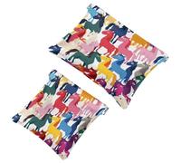 2 trousse tascabili per cosmetici, pony, colorati, con motivo cavalli in stile cartone animato, con chiusura automatica, senza cerniera, piccola borsa per il trucco, per riporre cosmetici, cuffie,