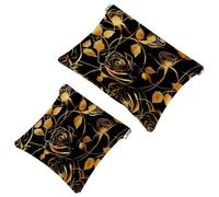 2 trousse tascabili per cosmetici, rose dorate, silhouette di fiori e schegge, a chiusura automatica, senza cerniera, piccola borsa per il trucco per riporre cosmetici, cuffie, gioielli, Multicolore,