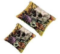 2 trousse tascabili per cosmetici, teschi di zucchero, con chiusura automatica, senza cerniera, piccola borsa per il trucco, per riporre cosmetici, cuffie, gioielli, Multicolore,
