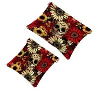 2 trousse tascabili per cosmetici, teschi di zucchero, fiori e schegge, borsa per il trucco a chiusura automatica, senza cerniera, piccola borsa per il trucco, per riporre cosmetici, cuffie, gioielli,