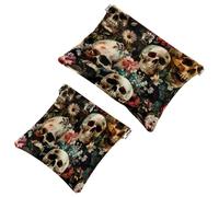 2 trousse tascabili per cosmetici, vintage, con teschi floreali, a chiusura automatica, senza cerniera, piccola borsa per il trucco, per riporre cosmetici, cuffie, gioielli, Multicolore,