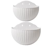 2 vasi da fiori a semicerchio da appendere alla parete, in finto rattan, con foro di drenaggio e ganci, in plastica, per balcone, recinzione (bianco)
