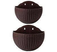 2 vasi da fiori a semicerchio da appendere alla parete, in finto rattan, con foro di drenaggio e ganci, in plastica, da appendere al giardino, per balconi, recinzioni (caffè)
