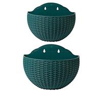 2 vasi da fiori a semicerchio da appendere alla parete, in finto rattan, con foro di drenaggio e ganci, in plastica, da giardino, per balconi, recinzioni (verde scuro)