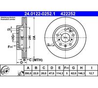 ATE Disco freno 24.0122-0252.1 anteriore, ventilato - 1 pezzo