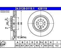 ATE Disco freno 24.0128-0119.1 anteriore ventilato, 1 Pezzo