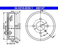 2 x ATE 24.0218-0036.1 Tamburo freno per VW