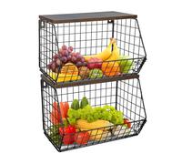 2 x organizer da cucina con coperchio in legno, cestino per frutta, 2 ripiani, cestino per frutta, cestino da frutta, cestino impilabile e montato a parete, per riporre snack e verdure, 30 x 20 x 21