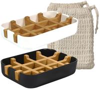 2 x portasapone sostenibile ecologico in legno di bambù naturale con vaschetta raccogli gocce in fibra di bambù. Colori bianco e nero + 2 x sacchetti per saponetta, 100% sisal naturale