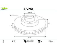 2 x VALEO 672765 Disco freno per HYUNDAI,KIA
