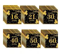 20/40/60/100 pezzi Tovaglioli da cocktail per compleanno con glitter nero e oro, multi-età 16°, 21°, 30°, 40°, 50°, 60°, tovaglioli di carta monouso con palloncini, stelle e bandierine, tovaglioli per