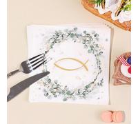 20/40/60 pezzi Tovaglioli con corona di eucalipto e simbolo cristiano del pesce, adatti per battesimo, cresima, comunione e cresima, colori bianco, verde e oro, decorazione da tavolo Colore unicoCarta