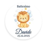 20 Adesivi Personalizzati per Battesimo, Baby Shower, Nascita e Compleanno - Etichette Tonde o Sagomate - Nome, Data e Grafica Inclusi - Idea Bomboniere e Confettata (LEONE)