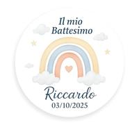 20 Adesivi Personalizzati per Battesimo, Baby Shower, Nascita e Compleanno - Etichette Tonde o Sagomate - Nome, Data e Grafica Inclusi - Idea Bomboniere e Confettata (ARCOBALENO)