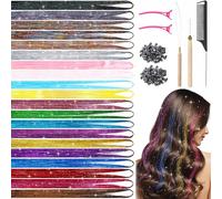 20 colori per capelli, tinsel per capelli da 90 cm, con attrezzi, 4000 ciocche di brillantini, ciocche di glitter resistenti al calore, per capelli, per donne, ragazze, bambini, cosplay, feste