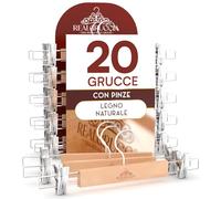 20 Grucce Appendiabiti con Pinze per Gonne Jeans Pantaloni in Legno Naturale 13x33cm - RealGruccia Gancio Girevole 360° in Metallo Resistente - Finitura Lucida - Clips Regolabili Salvaspazio Robuste