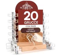 20 Grucce Appendiabiti con Pinze per Gonne Jeans Pantaloni in Legno Naturale 13x33cm - RealGruccia Gancio Girevole 360° in Metallo Resistente Clips Regolabili Salvaspazio e Robuste - Finitura Lucida