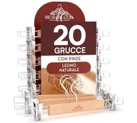 20 Grucce Appendiabiti con Pinze per Pantaloni Jeans Gonne in Legno Naturale 13x33cm - RealGruccia Clips Regolabili Salvaspazio Robuste con Gancio Girevole 360° in Metallo Resistente - Finitura Lucida