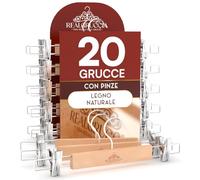 20 Grucce Appendiabiti con Pinze per Pantaloni Jeans Gonne in Legno Naturale 13x33cm - RealGruccia Finitura Lucida - Gancio Girevole 360° in Metallo Resistente Clips Regolabili Salvaspazio e Robuste