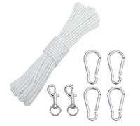 20 m Bianco Corda in nylon con 2 moschettoni e 4 ganci,Corda Intrecciata, Impermeabile, Resistente Sole e Sporco,Corde in Poliestere Resistente 6 mm,Clip Bandiere,Per Swing