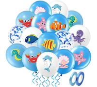 20 palloncini con motivi marini e glitter, set di palloncini con animali marini da 12 pollici, 9 diversi modelli oceanici, palloncini in lattice blu e bianco per il mondo sottomarino, decorazione per