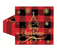 20 pezzi/40 pezzi/60 pezzi, Tovaglioli di carta natalizi | Albero a scacchi rosso e nero Buon Natale | Tovaglioli monouso da 6,5x6,5 pollici per feste invernali, cene natalizie, feste, decorazioni per