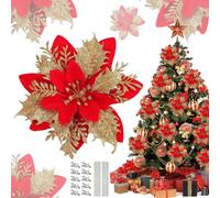 20 pezzi di fiori artificiali, stelle di Natale, fiori artificiali, con steli e clip, decorazioni per albero di Natale, ghirlanda per matrimoni, feste (rosso + oro)