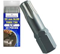 20 Pezzi Inserti per Avvitatore Professionali T30 x 25 mm SLIM - Torx Set con Gambo Esagonale 1/4" - Set Punte Avvitatore Realizzato in Acciaio Legato S2 - MONTERAL