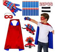 20 pezzi Proiettili in schiuma, 2 pezzi Cinghia, Lanciatore, Guanti da Eroe, Maschera e Mantello reversibile, Set di costumi da supereroe per bambini, Outfit da eroe ideale per i ragazzi, Adatto per f