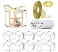 20 pezzi Scatole regalo in acrilico con etichette e nastri "Grazie", dimensioni 4,5x4,5x4,5cm, scatole trasparenti per bomboniere di matrimonio, contenitori cubici in plastica con coperchi, mini teche