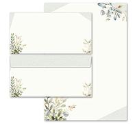 20 pezzi Set completo Fiori & Petali, RAMI VERDI 10 fogli di carta da lettera e 10 buste DIN LANG (senza finestra)