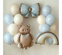 20 pezzi Set di palloncini a forma di orsacchiotto di grandi dimensioni, palloncini in foil arcobaleno opaco con fiocco, palloncini in lattice bianchi/blu/beige, nastro per fiocco fai-da-te, adatto pe