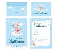 20 Pz Inviti Battesimo Bimbo con Buste Il Mio Battesimo Orsacchiotto Azzurro Originali - 20 Biglietti e 20 Buste Inviti Battesimo Bambino