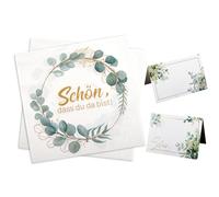 20 segnaposto e 20 tovaglioli Schön Dass Du Da Bist, Tovaglioli di eucalipto con scritta 33 x 33 cm, per matrimonio, anniversario, compleanno, battesimo, comunione, decorazione da tavolo