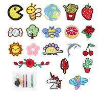 20 toppe da ricamo con 1 set da cucito, toppa termoadesiva colorata, accessori fai da te, per jeans, gonne, cappelli, vestiti