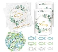 20 tovaglioli Firmung+ 12 portacandele da tavolo + 60 pesci in legno, decorazione per bambini e ragazze, decorazione per feste, decorazione eucalipto, verde, bomboniere, decorazione da tavolo in legno