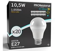 20 x Lampadine LED E27 10.5W Opaca (1055 lumen equivalenti a 75W) - Forma: Goccia A60 - Luce Bianco Caldo 3000K - Fascio Luminoso 200°