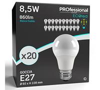 20 x Lampadine LED E27 8,5W Opaca (806 lumen equivalenti a 60W) - Forma: Goccia A60 - Luce Bianco Freddo 6500K - Fascio Luminoso 200°