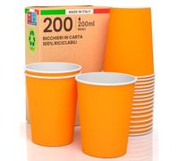 200 Bicchieri in Carta 200ml Ecologici Biodegradabili Monouso Made in Italy Asporto Bevande Calde Acqua Colorati ARANCIONE - Prodotto e Confezionato in Italia