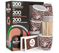 200 Bicchierini in Carta per caffè 65ml bicchieri Ecologici Biodegradabili Monouso + 200 Bustine di Zucchero + 200 Palette in legno di betulla Compostabili sigillate singolarmente