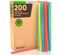 200 Cannucce Colorate Rigide per Cocktail 100% Ecologiche e Riutilizzabili - Cannucce Lunghe 21 cm x 6,8 mm Biodegradabili e Compostabili - Made in Italy - per Bevande Eventi Feste